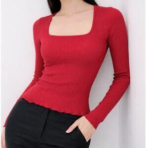 Amour Vert Womens Red Ribbed Square Neck Long Sleeve Knit Top Medium